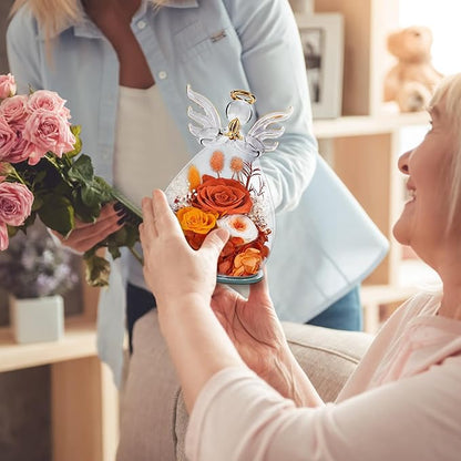 Gifts for Women Birthday Preserved Rose Forever Flower in Glass Angel Figurines Fresh Flowers for Delivery Prime for Mom Real Orange Roses for Grandma Sister Wife Her from Daughter