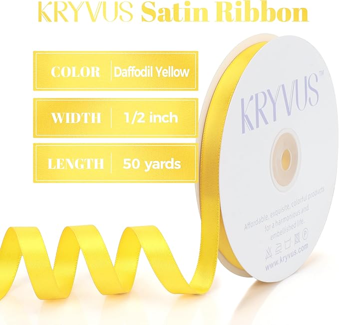 Daffodil Yellow Satin Ribbon, Double Faced 1/2 Inch X 50 Yards Daffodil Ribbon, Premium Satin Ribbon for Gift Wrapping, Crafts, Hair Bow Making, Sewing, Flower Bouquet, Wedding Party Decor