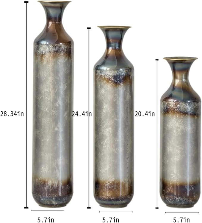 Metal Tall Floor Vases Set of 3, Hand-Forged Burnt Finish Rustic Floor Vase for Home Decor, 28.34 24.4 20.4 Inch Tall Decorative Vases for Farmhouse Industrial Living Room