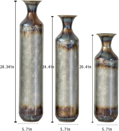 Metal Tall Floor Vases Set of 3, Hand-Forged Burnt Finish Rustic Floor Vase for Home Decor, 28.34 24.4 20.4 Inch Tall Decorative Vases for Farmhouse Industrial Living Room