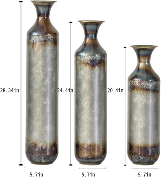Metal Floor Vases Decorative, Set of 3 Flower Arrangement Stand, White Glazed Metal Decorative Vase Tall Distressed Metallic Centerpiece Vases, 33.5", 28.7", 24" H (Gold＆White)
