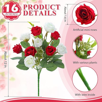 Zeyune 16 Bunches 12 Inch Artificial Mini Rose Bouquet 160 Heads Bridal Flower Bouquets Fake Silk Rose Bulk for Wedding Bridal Shower Christmas Home Office Garden Decoration(White and Red)
