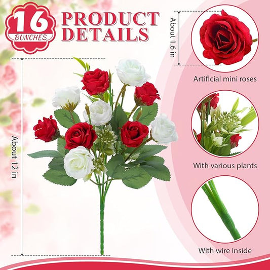 Zeyune 16 Bunches 12 Inch Artificial Mini Rose Bouquet 160 Heads Bridal Flower Bouquets Fake Silk Rose Bulk for Wedding Bridal Shower Christmas Home Office Garden Decoration(White and Red)