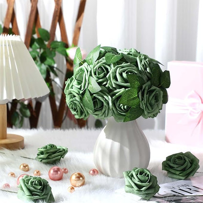 100 Pieces Artificial Foam Rose Flowers Faux Bouquet with Leaves and Stems for DIY Wedding Bouquets Centerpieces Bridal Shower Party Valentine Home Decorations(Elf Green)