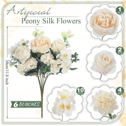 6 Pcs Artificial Peony Silk Florals Fake Mix Silk Peony Rose Faux Flower Hydrangea Bouquet Elegant Realistic Wedding Floral Centerpiece for Home Party Table Arrangement (Champagne)