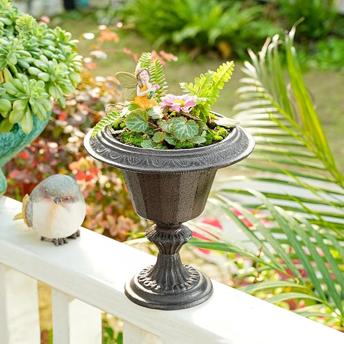 Sungmor Cast Iron Tabletop Flower Vase, Vintage Pretty French Urn Planter Design, 7" Tall 6.6" Wide Decorative Centerpieces Flower Stand Plants Holder, Artificial Flower Arrangements Home Decor