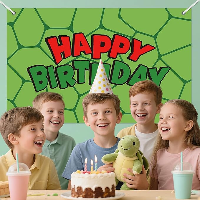 3x5ft Cartoon Turtle Birthday Backdrop, Happy Birthday Decoration Background, Cute Green Animal Theme Party Supplies Outdoor Indoor Photo Banner