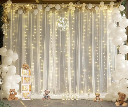 20ft x 10ft Ivory Tulle Photo Backdrop Curtain with Lights String for Parties Wedding Sheer Ivory Curtain Backdrop for Birthday Party Bridal Shower Photo Booth Photography Background Decorations
