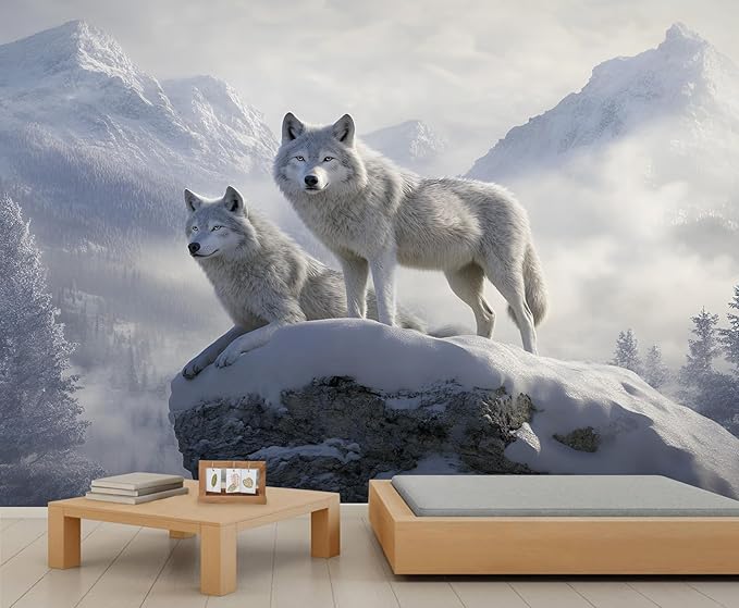 Arctic Wolves Wall Mural, Snow Wolves in Mountain 3D Wall Murals, Winter Wild Animal Wallpaper Mural, for Living Room Bedroom Large Wallpaper Indoor Decor 78.7" W x55.1 H