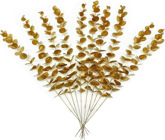 PASYOU Artificial Plants for Christmas Decor, Fake Gold Eucalyptus Plastic Grass Pick Shrubs Leaves Indoor Outdoor Home Garden Party Hotel Wedding Event Faux Table Decoration - 20 Inch Golden 10 Pack