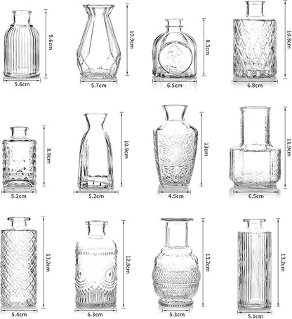 Bud Vases Set of 12, Small Mini Glass Vases for Centerpieces - Elegant Vintage Style - Perfect for Table Decor, Wedding, Party Centerpieces - Great Gift for Home Decor Lovers (Clear)