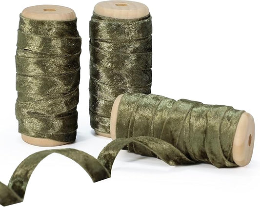 Velvet Green Ribbon Double-Sided Handmade Glossy Fabric Trim Wooden Spool Thin Ribbons for Christmas Tree Gift Wrapping Crafts Wedding Flower Bouquet 3/8 inch x 5YD 3 Rolls