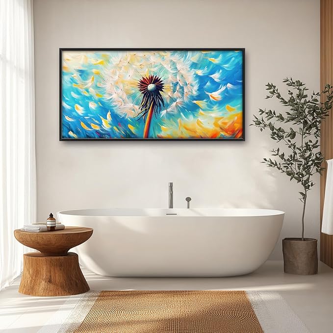 Extra Large Abstract Dandelion Framed Wall Art for Living Room,Oversized Colorful Dandelion Flower Pictures Wall Decor,Blue Canvas Print Painting Modern Artwork Bedroom Office Bathroom 60L x 30W