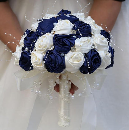 Bridal Wedding Bouquet Round Bling Brooch Bouquet Throw Toss Artificial Rose Flower Bunch for Bride Bridesmaid Wedding Quinceanera(Navy Blue & Ivory, 6.3")