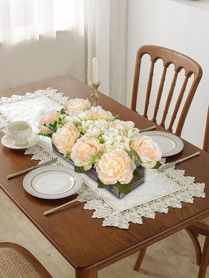 DILATATA Flower Arrangement with Wooden Vase 14" Artificial Flowers in Pot - Fake Flowers Roses Peonies Hydrangeas in Wooden Vase Potted Flower Centerpieces for Table Decor Living Room - Pale Yellow