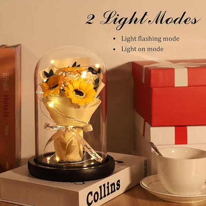 Christmas Sunflower Gifts for Her,Flower Rose in Glass Dome with 2 Lighting Mode,Sunflower Gifts for Mom,Artificial Forever Flowers Xmas Birthday Gifts for Women Mom Wife Girlfriend Sister Friend