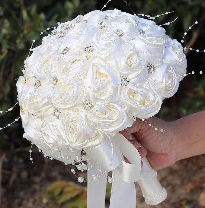 Bridal Wedding Bouquet Round Bling Brooch Bouquet Throw Toss Artificial Rose Flower Bunch for Bride Bridesmaid Wedding Quinceanera(Ivory, 8.7")