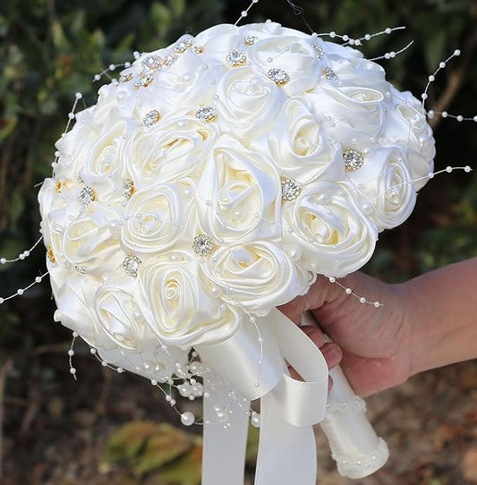 Bridal Wedding Bouquet Round Bling Brooch Bouquet Throw Toss Artificial Rose Flower Bunch for Bride Bridesmaid Wedding Quinceanera(Ivory, 8.7")