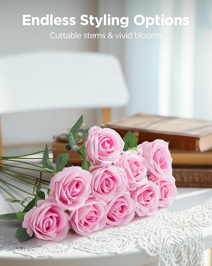 InnoGear 50 Pcs Pink Roses Artificial Flowers, Fake Velvet Silk Rose Bulk Faux Flower for Decoration DIY Wedding Centerpieces Proposal Bridal Bouquets Shower Party Home Floral Decor (50, Pink)