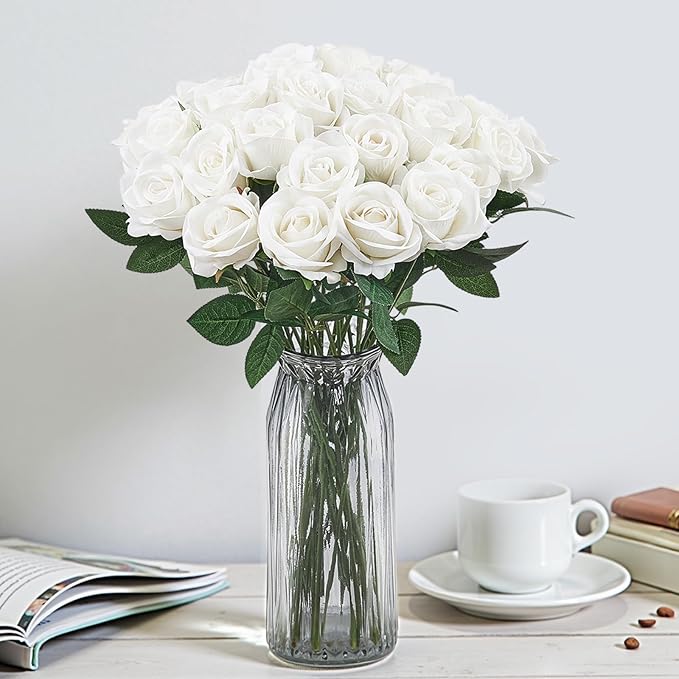 VEVOR Artificial Flowers, 120 pcs Real Looking White Foam Fake Roses Bulk, White Faux Bridal Shower with Stems for DIY Wedding Bouquets, Home Centerpieces Arrangements, Party Tables Decorations
