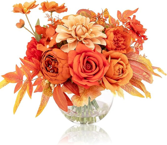 Artificial Flowers in Vase, Silk Rose Peony Dahlia Flower Bouquet Table Centerpieces with Faux Water for Winter Home Decor Fake Flowers Arrangement for Wedding Birthday Party Decor (Orange & Earth)
