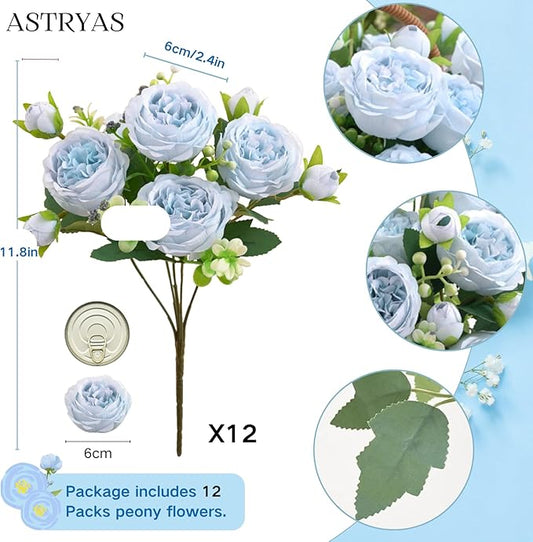 ASTRYAS 12Pcs Blue Artificial Flowers, Fake Peonies Silk Peony Faux Flowers for Decoration DIY Bridal Bouquet Centerpiece Table Wedding Party Home Decor Floral Arrangement(Blue)