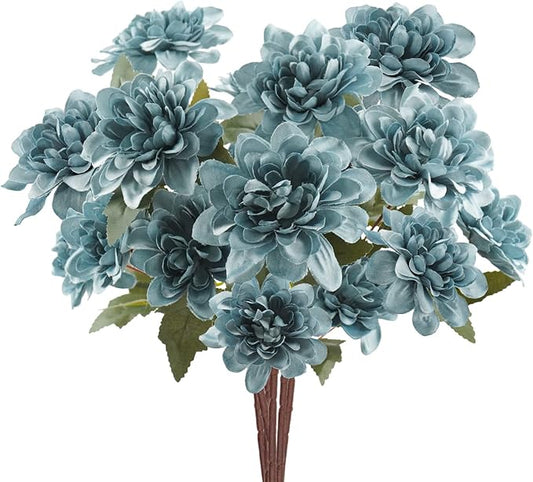 Uieke 6PCS Artificial Daisy Mums Flowers with Stem, Silk Dahlia Flowers Arrangement for Home Party Wedding Bouquet Fall Winter Table Centerpieces Decor (Blue)