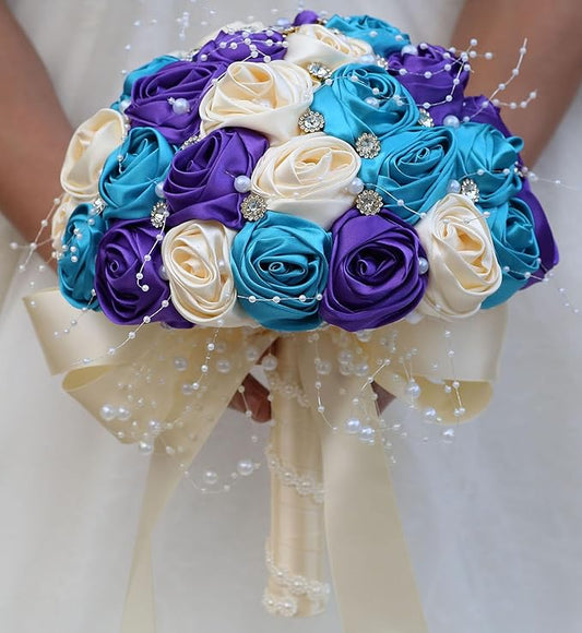 Bridal Wedding Bouquet Round Bling Brooch Bouquet Throw Toss Artificial Rose Flower Bunch for Bride Bridesmaid Wedding Quinceanera(Teal Blue, Purple & Cream, 7.5")