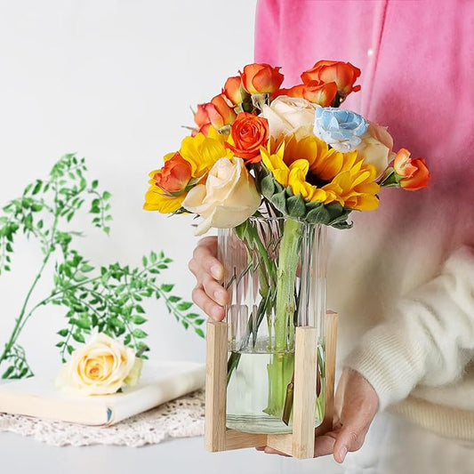 Glass Cylinder Vase with Wood Base,Bud Vase for Centerpieces,8 Inches Clear Ribbed Flower Vase,Tall Glass vase Hurricane Candle Holder,Wooden Vase Decorative for Home Decor,Wedding,Housewarming Gift