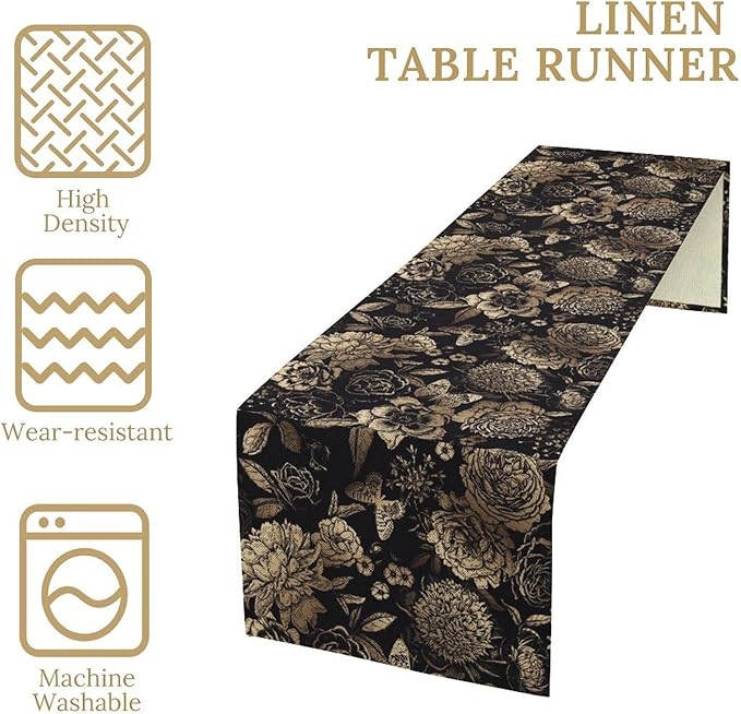 Gold Black Floral Table Runner, Vintage Peony Flower Blossom Butterfly Rustic Plant Leaves Gothic Dark Floral Table Runner for Farmhouse Cottage Kitchen Dining Table Decor, 13x70inch