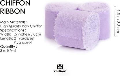 Vitalizart Lavender Purple Handmade Chiffon Silk Ribbon Fringe 3 Rolls 1.5" x 21 Yd Lilac Frayed Edges Ribbons for Wedding Invitations Bridal Bouquets Gifts Wrapping Crafts Holiday Decor