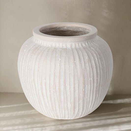Oakrain Large Rustic Minimalist Vase, 11" Distressed Round Floor Vase for Home Decor, Farmhouse Decorative Centerpieces for Living Room Bedroom, Vintage White