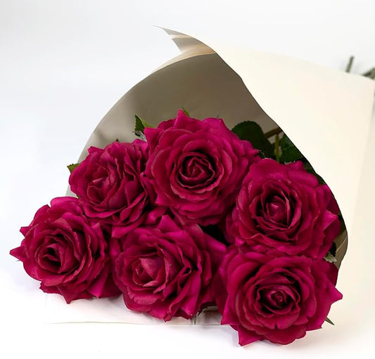 Real Touch Artificial Roses 6pcs, Floyd Roses,17.3”Faux Silk Roses Bouquet for Home Decor, Wedding Centerpieces, Romantic Gifts & Party Arrangements, Fuchsia Realistic Flowers (Fuchsia)