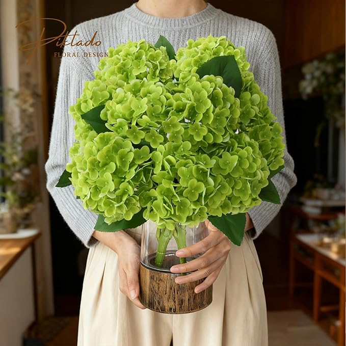 A Bunch 21in, Real Touch Hydrangea Artificial Flowers, with 10pcs Flower Head 20pcs Leaves, Faux Hydrangea Flowers for Home Office Decor Wedding Party Arrangements (2, Green)