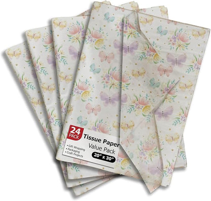 Pro Supply Global Butterflies Printed Tissue Paper for Gift Bags or Boxes and Wrapping - Spring Floral Bulk Decorative Art Tissue Paper for Packaging and Gifting | 24 Sheets 20" x 30"