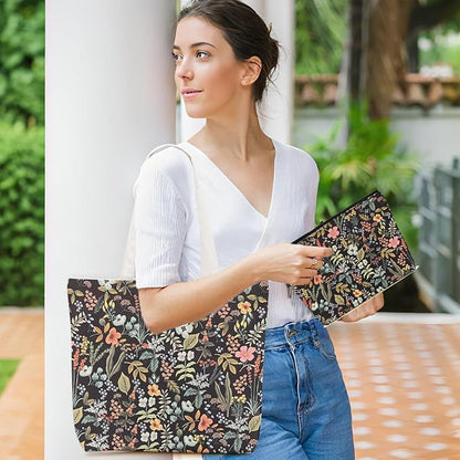 Aesthetic Floral Tote Bag Makeup Bag Flower Decor Gifts for Girls Christmas Shopping Grocery Bags Cosmetic Bags