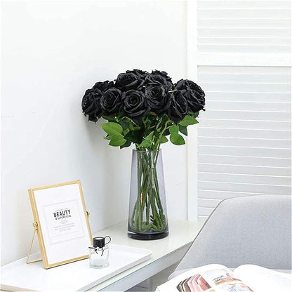 BLEUM CADE 50 Pcs Black Roses Artificial Flowers, Real Touch Velvet Roses Fake Flowers Bulk, Artificial Roses Bouquet with Long Stems Bridal DIY Wedding Party Centerpiece Decorations