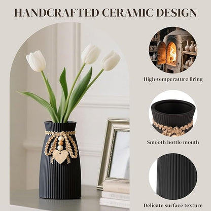 JOHOUSE Black Ceramic Vase, Small Flower Vase for Pampas Grass, Home, Living Room, Dining Table, Farmhouse, Office Decor, Bedroom, Table, Kitchen Shelf, Minimalist Modern Home Decoration