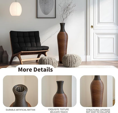 39-Inch Tall Vintage Floor Vase - Premium PVC Rattan Weave, Large Brown Standing Vase, Flower Holder for Home Decor (47 - Dark Brown)