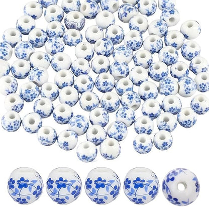 120PCS Ceramic Beads 10mm Round Porcelain Blue Floral Print Handmade Spacer Beads Craft Kit for Jewelry Making DIY Bracelets Necklaces