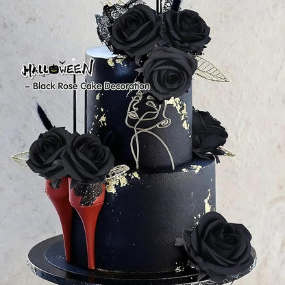 Felice Arts 12 Pack Black Roses Artificial Flowers with Black Stems Silk Roses Fake Flowers Bouquet for Halloween Centerpiece Table Vase Home Inddor Kitchen Party DIY Decor