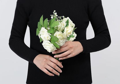 60Pcs Artificial Rose Flowers, Real Looking Fake Roses for Decorations, Foam Rose Bulk with Stems for DIY Wedding Bouquets Floral Arrangements Bridal Shower Party Home Decor (60, Cream)