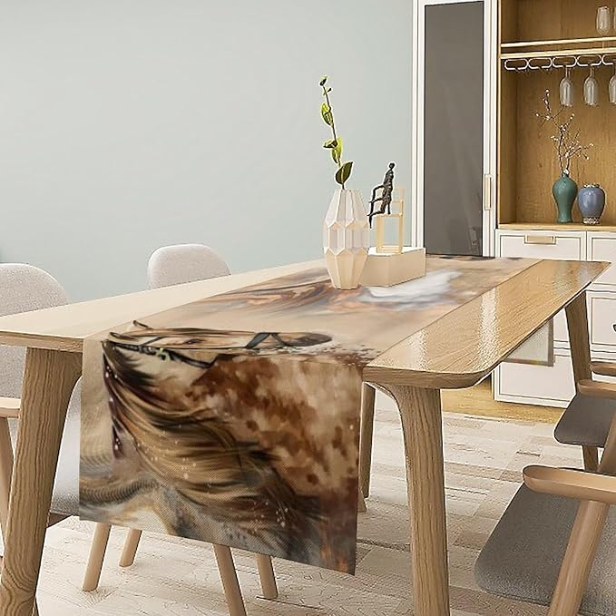 Marble Horse Table Runner, Dark Brown Marble Abstract Horse White Gold Natural Texture Dinner Runner Table Decoration for Home Kitchen Dining Holiday Party 13x90in