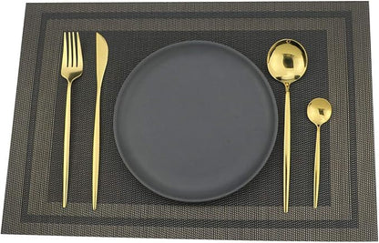 Gugrida Placemats Set of 6 Plaid Checkered Black & Gold PVC Placemat for Dining Table Durable Woven Vinyl Stain tablemats 18"X12"