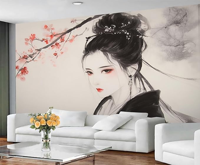 Asian Woman Wall Mural, Oriental Japanese Woman 3D Wall Murals, Ink Style Art Wallpaper Mural, for Living Room Bedroom Large Wallpaper Indoor Decor 78.7" W x55.1 H