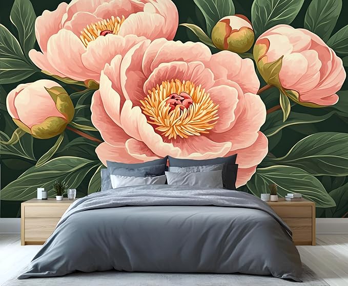 Peony Flower Wall Mural, Retro Pink Peony Flower 3D Wall Murals, Romantic Garden Theme Wallpaper Mural, for Living Room Bedroom Large Wallpaper Indoor Decor 98.4" W x68.9 H