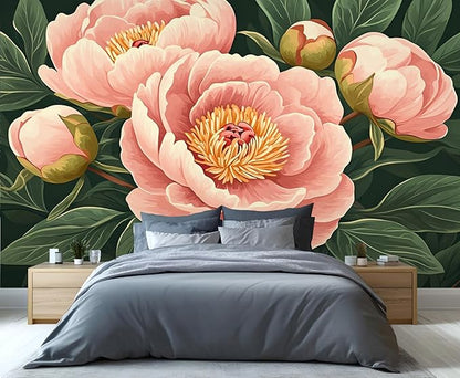 Peony Flower Wall Mural, Retro Pink Peony Flower 3D Wall Murals, Romantic Garden Theme Wallpaper Mural, for Living Room Bedroom Large Wallpaper Indoor Decor 137.8" W x100 H