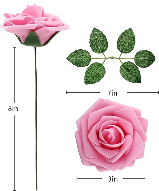 DuHouse 50Pcs Artificial Roses Flowers Fake Roses with Stems Real Touch Foam Flowers for DIY Wedding Bouquet Baby Shower Centerpiece Floral Arrangement Party Home Decor(Pink)
