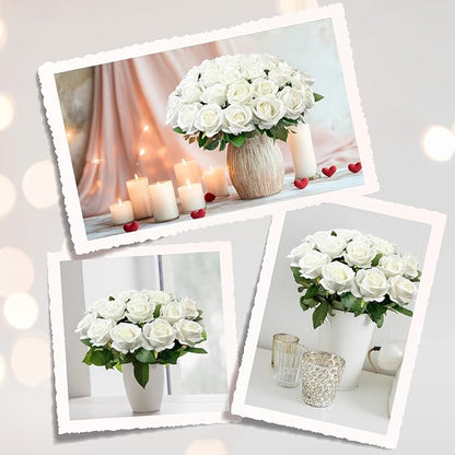 Wondrus Bulk Artificial Flowers 100 PCS, Fake Velvet Silk White Roses with Long Stems Realistic Bouquet for Wedding Centerpieces, Faux Arrangement for Home Table Decor