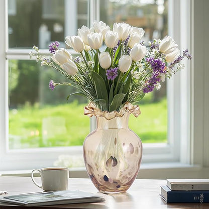 Hand Blown Amber Glass vase, Unique Glass Wide Mouth vase for Console Office TV Stand Coffee Table entryway Entrance Desktop Living Room Dining Table Centerpiece.